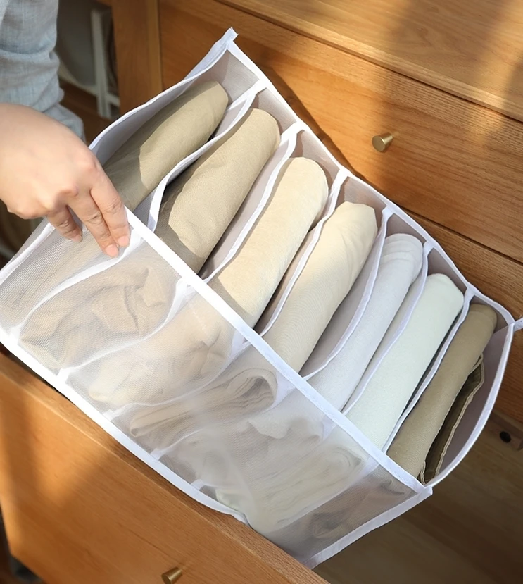 Factory Direct Sales Nylon Washable Collapsible Storage Box 7 Grids Foldable Mesh Clothes Organizer for Pants Jeans Leggings