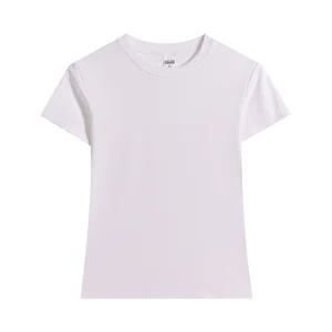 Summer French Style Short Sleeve Knitted Eco-Friendly 230G Waist-Cinching Neck Solid Color Slimming Regular Women's T-Shirt