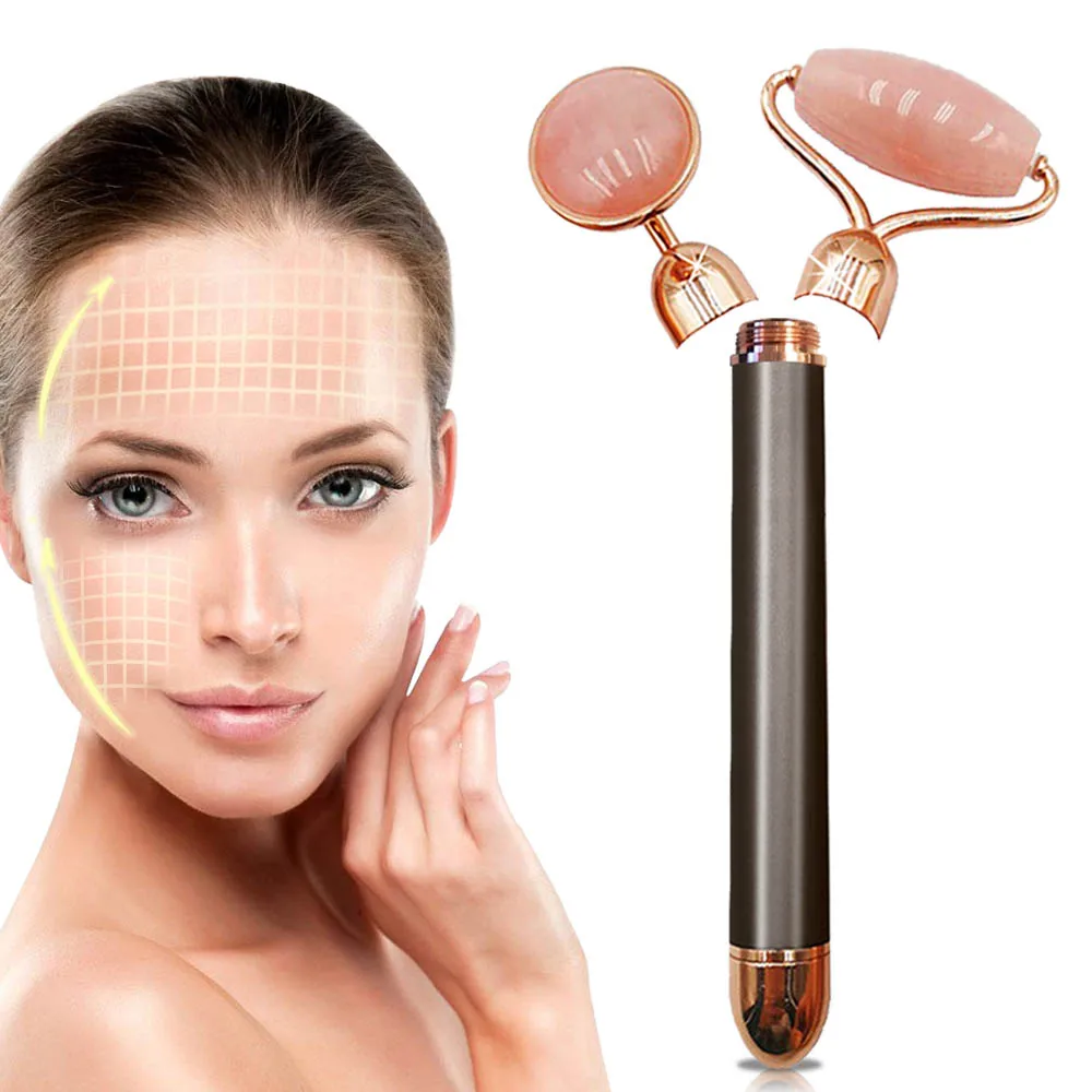 Custom Rose Quartz Electric Vibrating Roller Facial Massager with Zinc &  24k Gold Pipe Anti-Puffiness