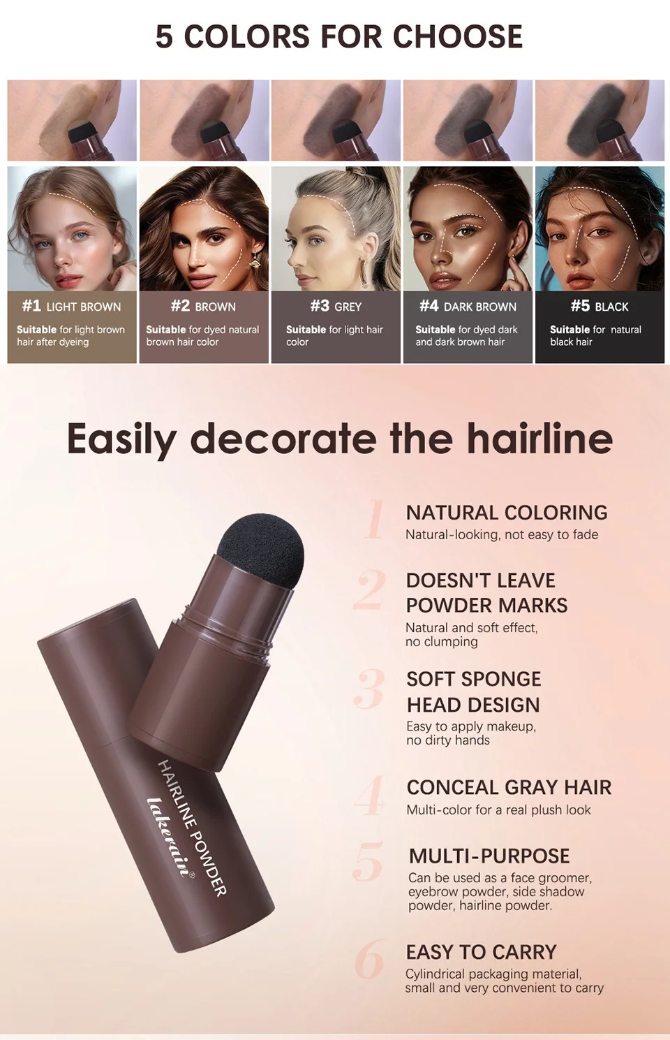 LAKERAIN Hair Line Shadow Concealer Waterproof Hairline Filling Powder Stick