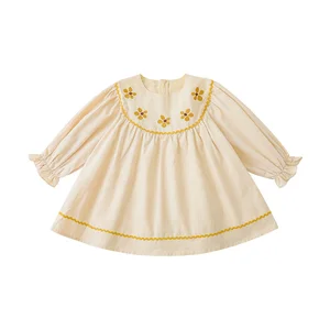 Wholesale Custom 100% Cotton Cheap Baby Girls Dress for Toddler Girls Embroidered Cute Long Sleeve Dress Girls 10 Year