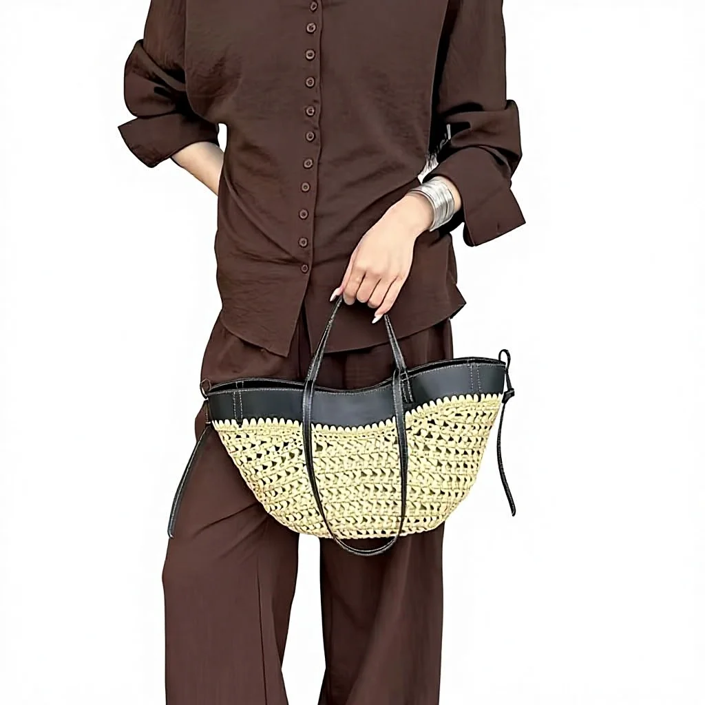 Seaside Vacation Straw Bag Large Capacity Woven Tote Bag Portable Single Shoulder Vegetable Basket Handbag