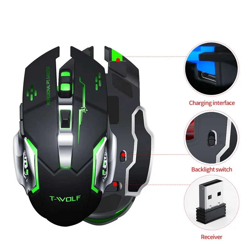 Q13 LED Backlit USB Optical Ergonomic Rechargeable Wireless Mouse for Gaming Laptops Computer Mouse Gamer LOL