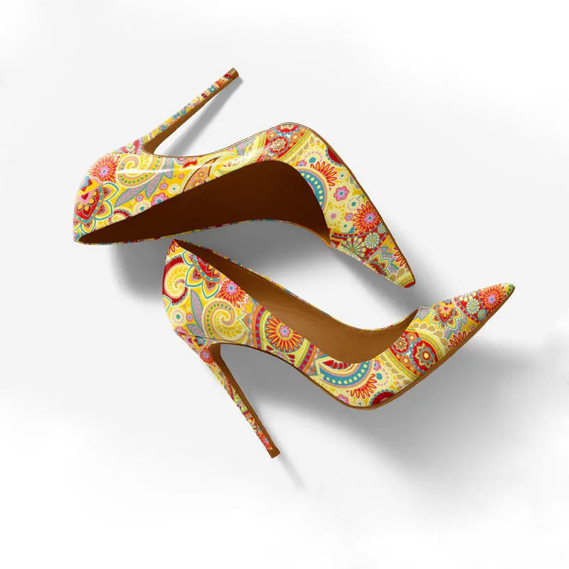 3d Printed Shoes Size 45 Pointed Toe 12 Cm Cashew Flowers Ladies High Heeled Pumps - Image 1