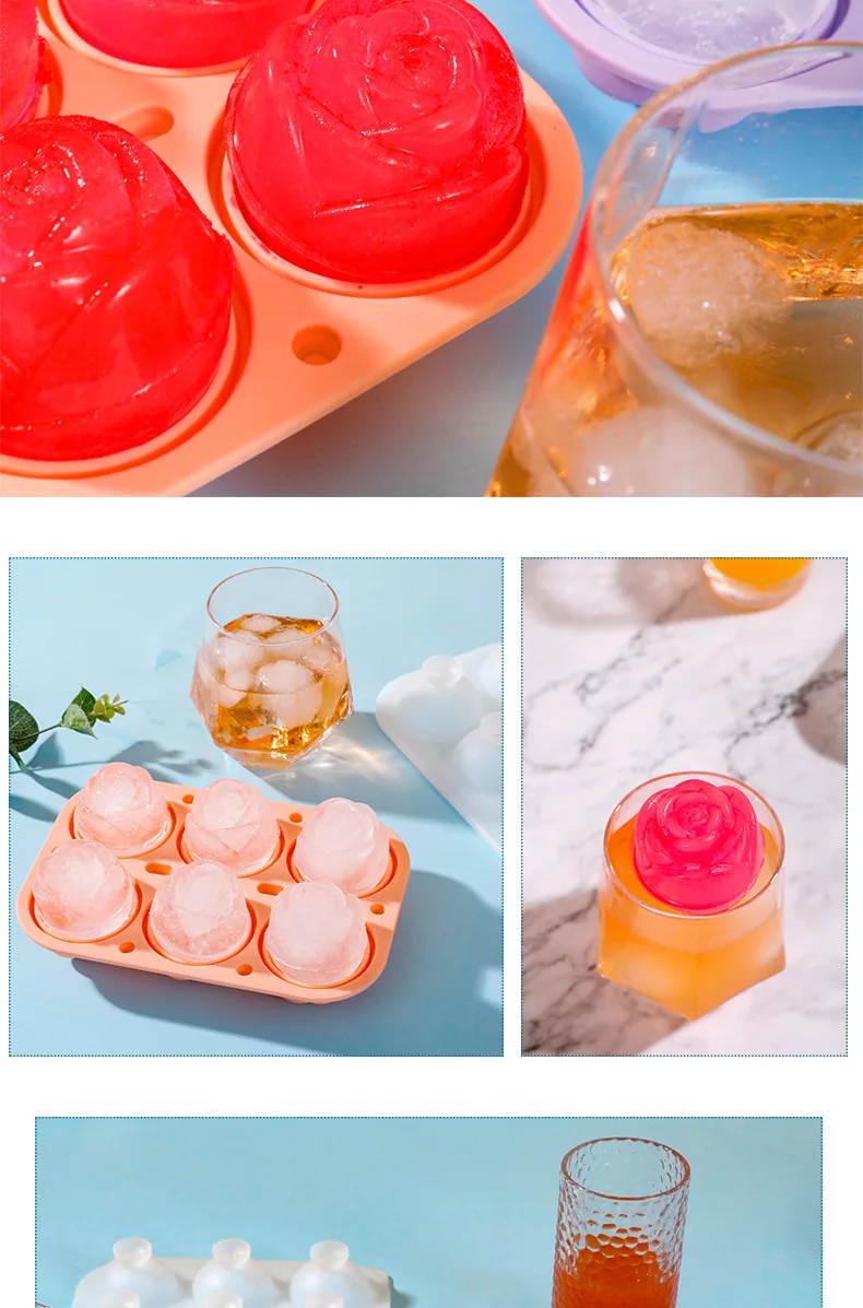 Food Grade Silicone 6 Grid Rose Ice Grid Leak-Proof Whiskey Ice Mold with Buckle Ice Cream Tools details