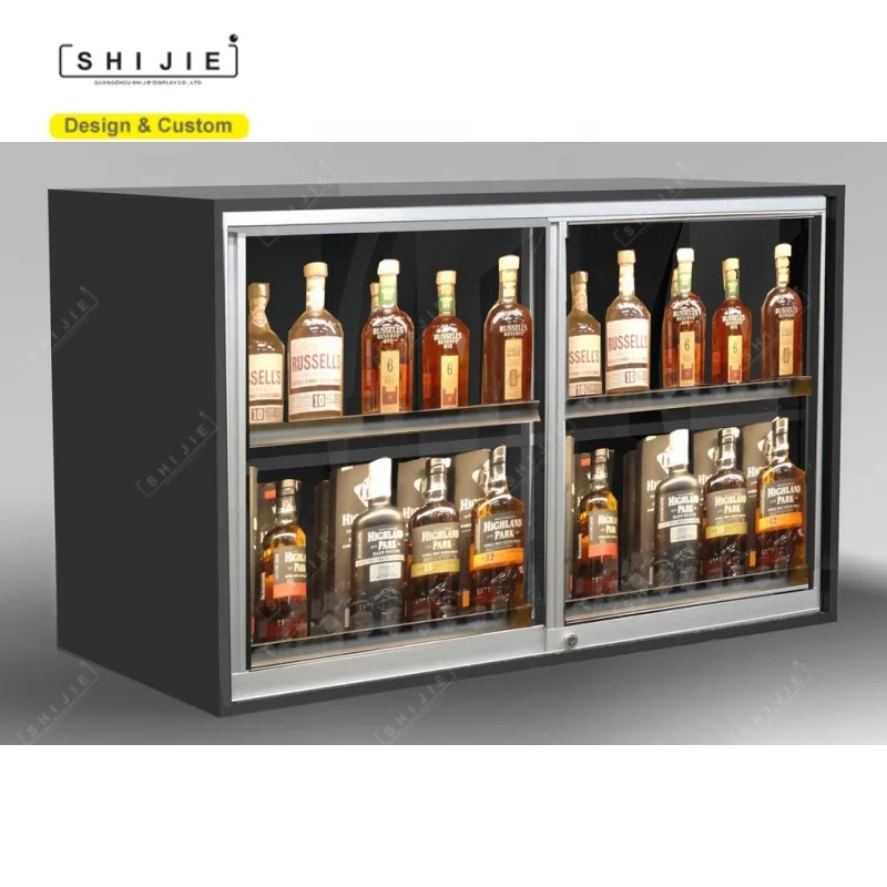Valuable Wine Spirits Showcase Display Locking Glass Wooden Wine