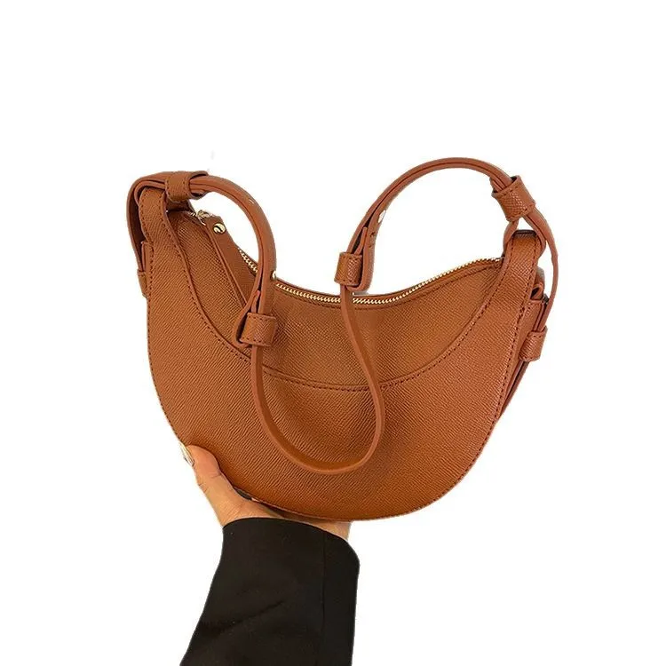 High Quality French Polynesian Style Semi-Circle Saddle Bag Crossbody Shoulder Zip Closure Fashionable Polyester PU Material