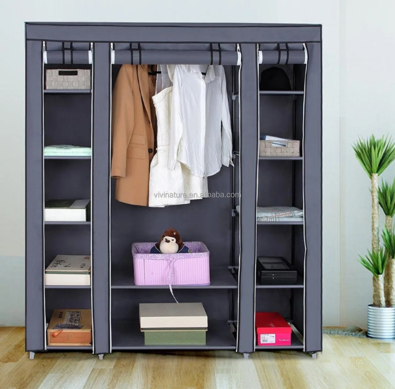 Складной каркасный тканевый шкаф Storage Wardrobe серый (175-130-45)
