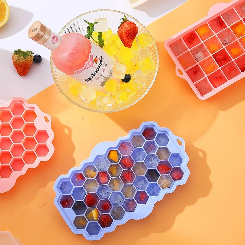 Reusable Food Grade Multi-color Kitchen Flexible 32/42 Grid Ice Tray Silicone Mold with Detachable Lid, Easy to Demold