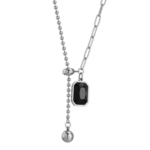MW Personality Long Women's Black Square Silver Plated Stainless Steel Punk Wedding Pendant Necklace
