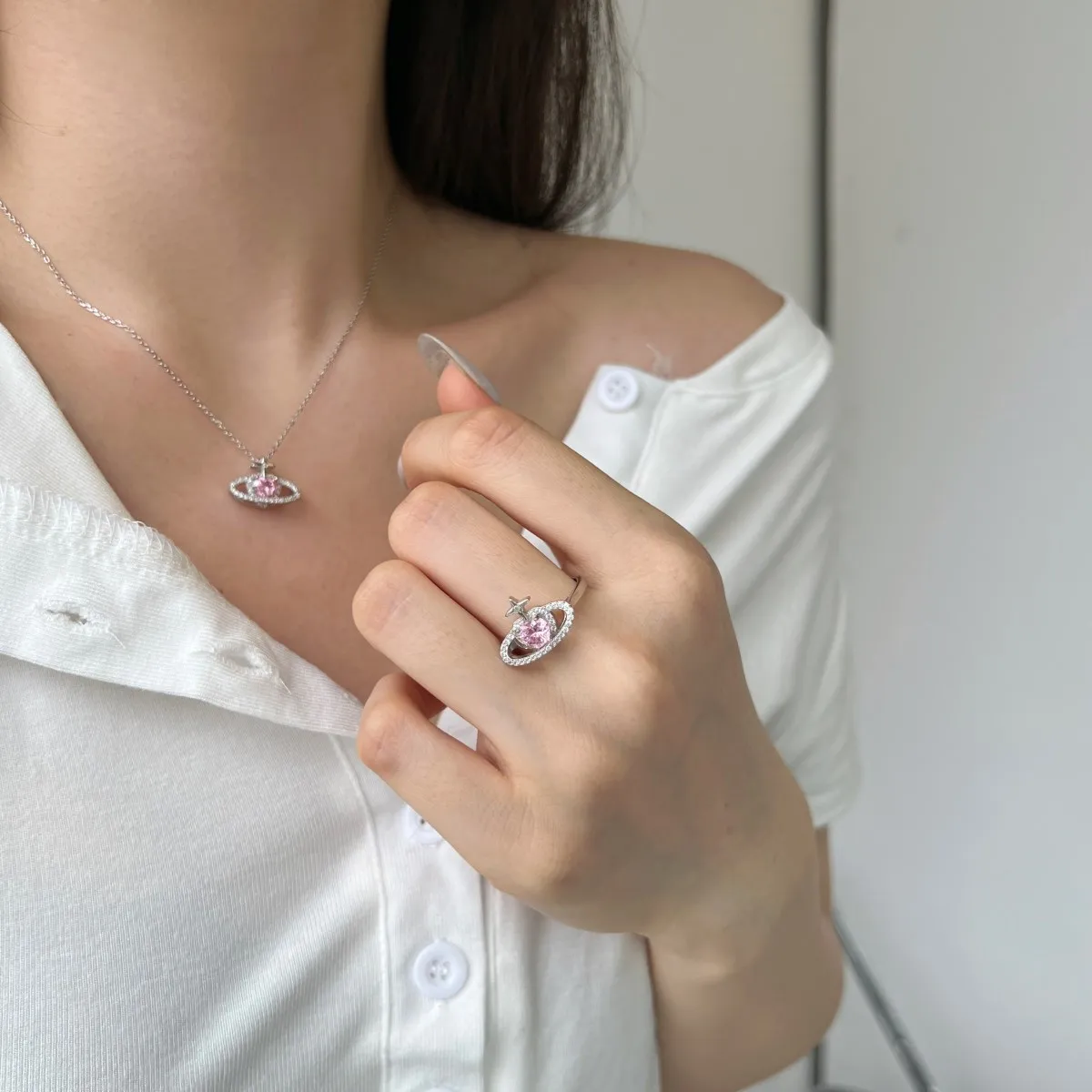 KAKODIY Shiny Fashion Purple Czirconium Cubic Zirconia Planet Ring 925 Sterling Silver Pink Heart Shape Ring Women's Jewelry Set detail 2