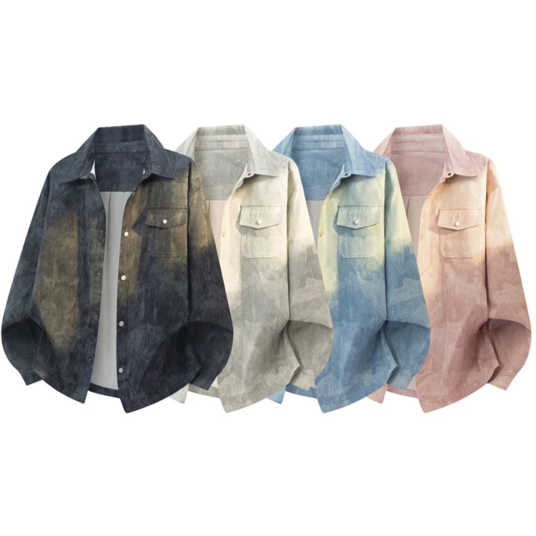Gradient tie-dye oversized shirt jacket with snap closure, casual men's streetwear top