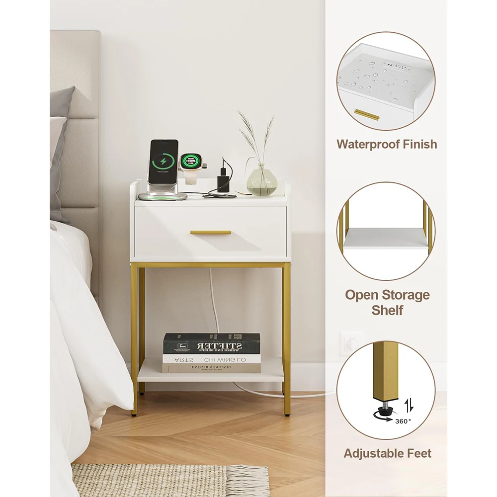 product nightstand charging station 3 tier modern wooden  metal bedside storage drawer shelf small end side table for apartment bedroom-7