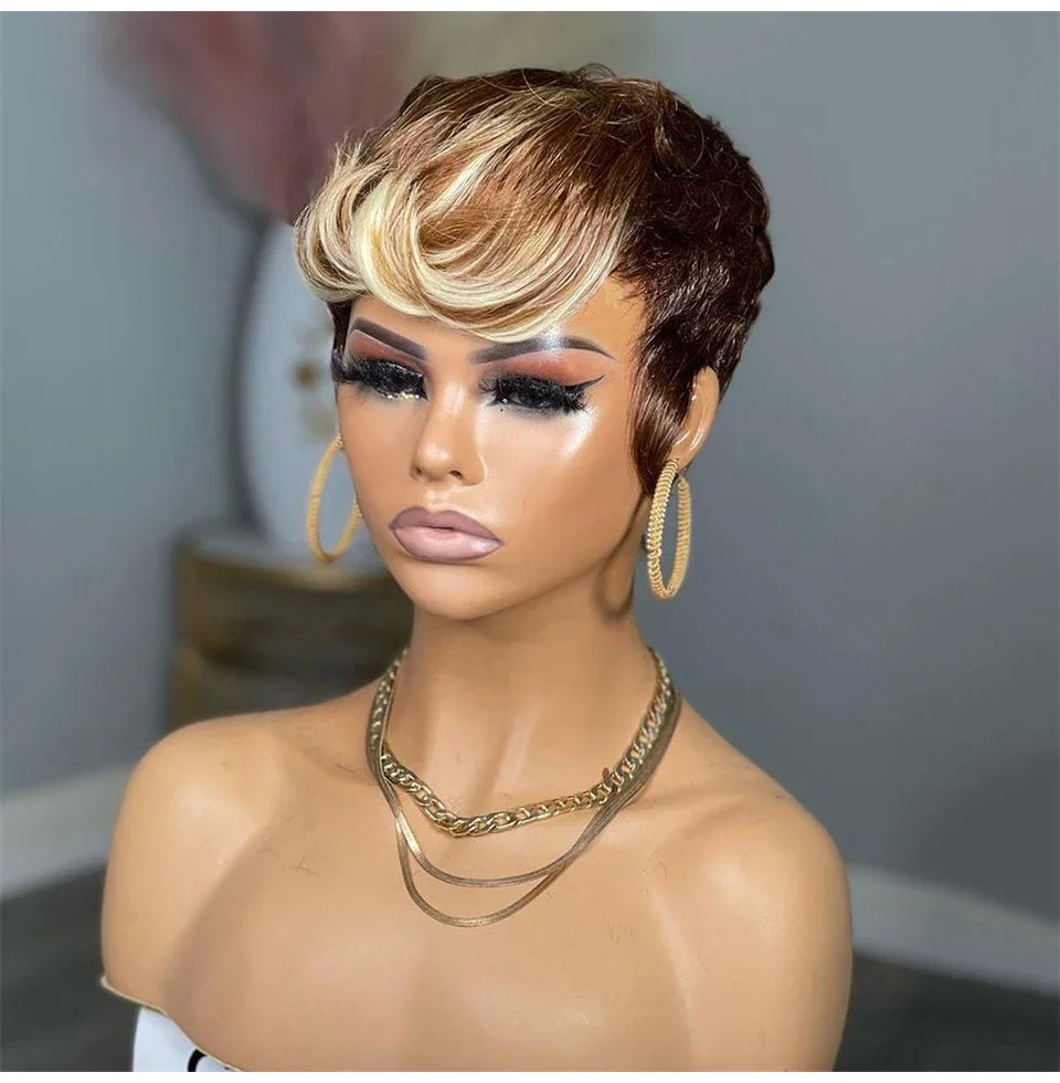 Human Hair Pixie Cut Wig With Highlights Blonde Green Bob Style_voghion.com
