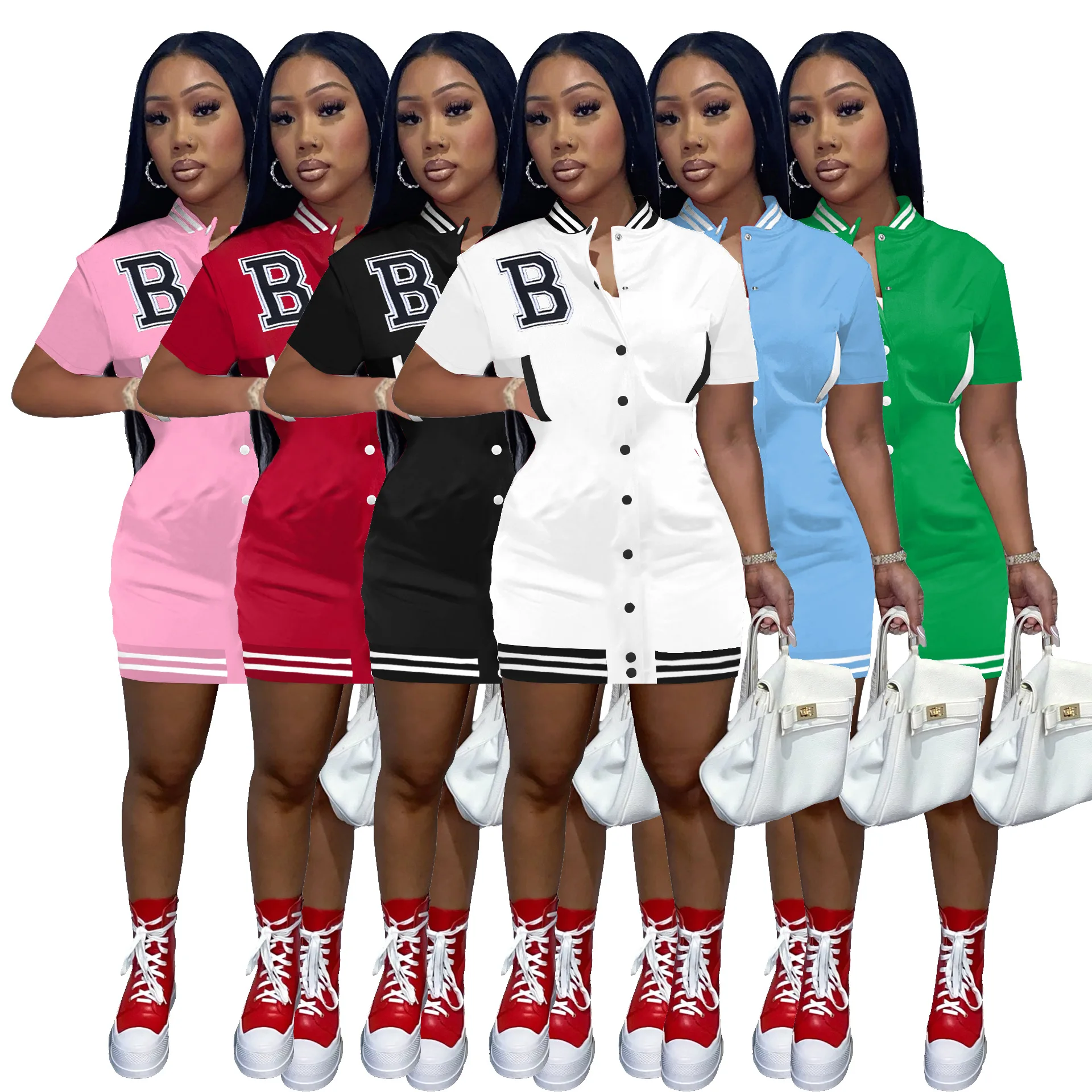 Wholesale Summer Women's Clothing B Embroidered Baseball Uniform Dress  Single Breasted Short Sleeve Casual Women Tshirt Dress From m.