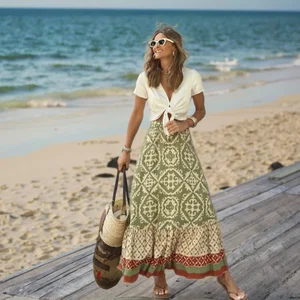 Women's Vintage Printing Boho Capri Skirt Green Long A-Line Maxi with Natural Waistline Patchwork Pattern Designs for Vogue