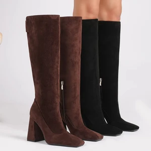 1229-7 Women's Square Toe Suede Heeled Boots 9.5cm Fall Winter Collection Stylish Knee High Boot Shoe for Lady