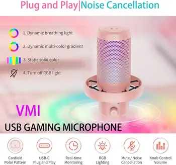 FEELWORLD VM1 USB Condenser Gaming Microphone for Live Streaming PC Noise Cancellation RGB Light Desktop Stand OEM Custom Logo detail image