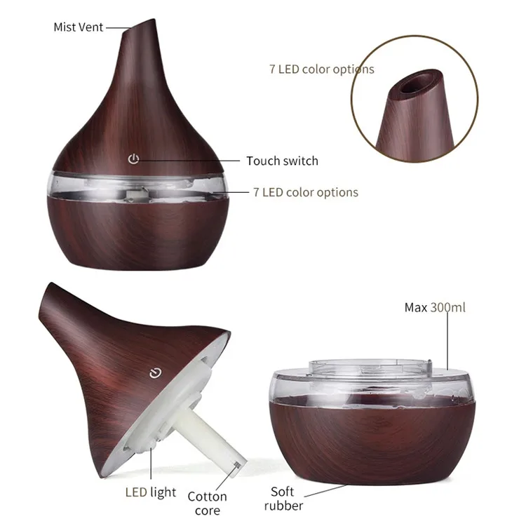 300ml Mini Humidifier Essential Oil Diffuser Aromatherapy Electric Wood Ultrasonic Air Diffuser Cool Mist Maker Air Humidifier