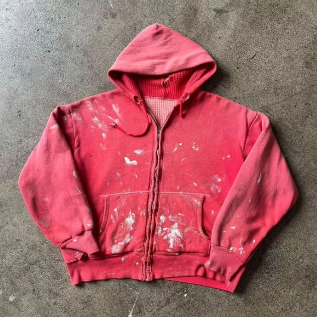 Streetwear Vintage Oversized Waffle Drop Shoulder Heavyweight 100% Cotton Men Sun Faded Distressed Acid Wash Zip up Hoodies gallery 7
