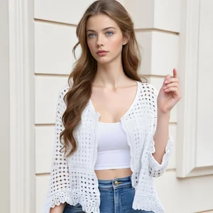 Hollow Lace Solid Casual Knitted Sweater Thin Breathable Summer Long Sleeve Loose Women Cardigan