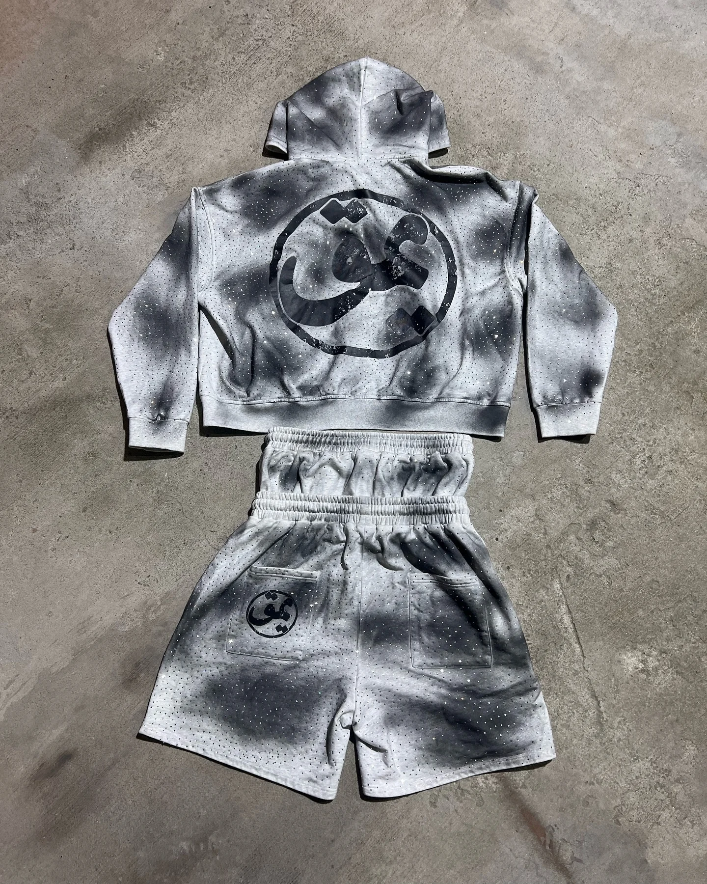 Custom Cotton Full Rhinestone Zip up Hoodie and Shorts Set Sun Faded Double Waisted Baggy Acid Wash Sweat Shorts Set for Men gallery 2