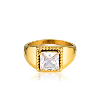 Gold Vermeil Jewelry Luxury Chunky Dome Rings Square Zircon Crystal Diamond Black White Stone Ring