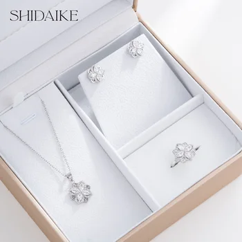 Luxurious Women's Gold Plated Copper Necklace Earrings Rings Set Colorful Diamond Zircon Fashion for Christmas Gifts