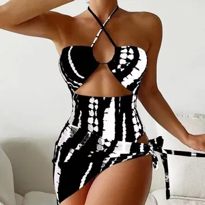JSN 2026 New Design Mesh Two-piece Suit Tie-dye Print Halter Neck Buttoned Women's Swimsuit Halter One Piece Bikini with Skirt