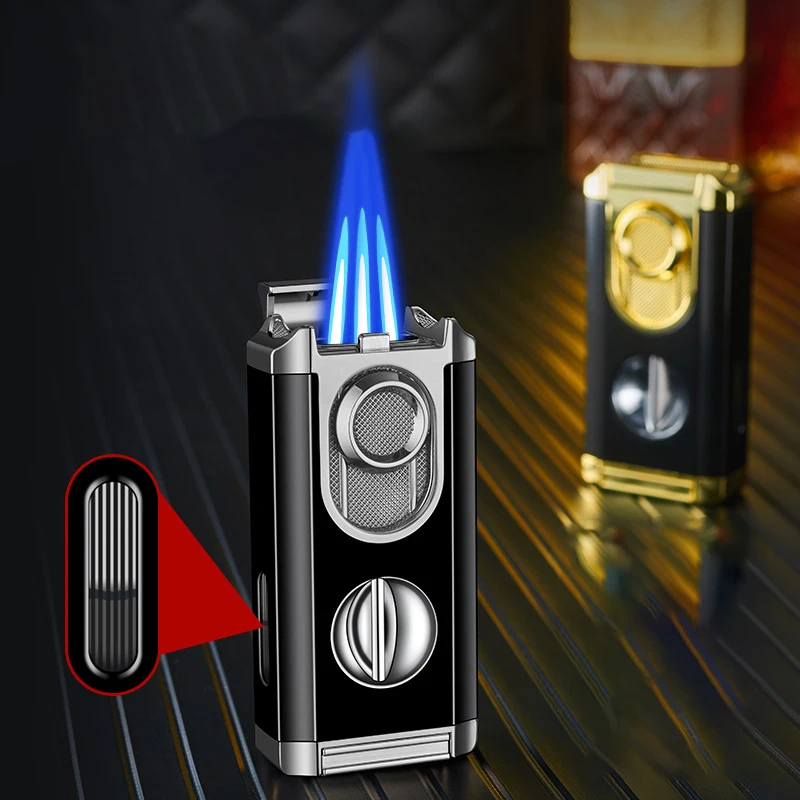 flame cigarette lighter DB Windproof Metal Modern Cigar & Cigarette Lighter Butane Gas Three Blue  Flame with V-shape Scissors for Giveaways