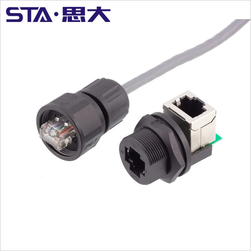 IP67 RJ45 Ethernet DC Splitter Connectors Waterproof Panel Mount RJ45 Ethernet Network Cable Connector