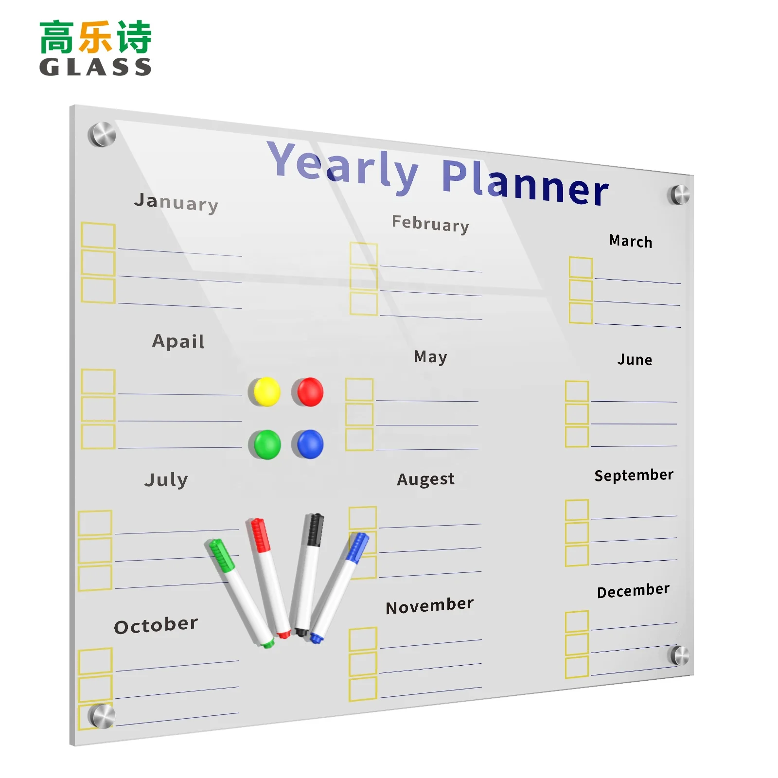 Индивидуальная дешевая печатная доска для сухого стирания ежемесячная магнитная настенная из закаленного стекла офиса