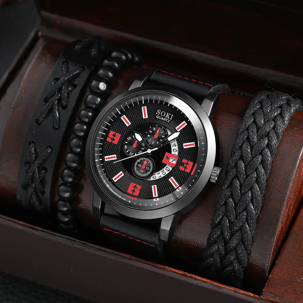 SOKI Brand Watch for Men Business Men Watch Gift Set Casual Leather Strap Number Date Quartz Wristwatches Fashion Watches Man