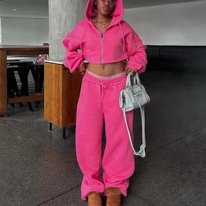 Custom Women's Casual Hooded Cotton Sports Wear Autumn  Short Tops Embroidered Fall Tracksuits Zipper Hoodie Sweatpants Set