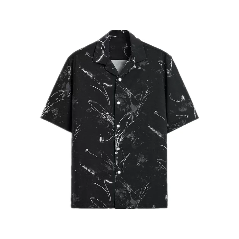 TAOP&ZA 2025 Spring New Men's Black Loose Casual Comfortable Printed Elastic Short Sleeve Shirt 7545410