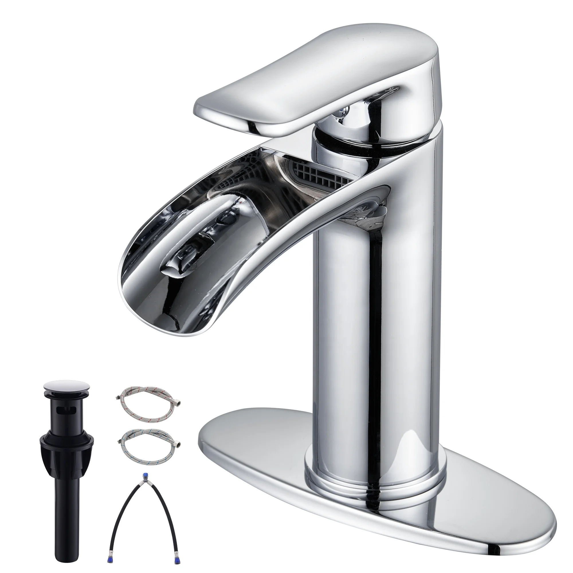 Modern Polished Chrome Waterfall Basin Faucet Single Handle Bathroom Sink Mixer Tap with Pop up Drain and Supply Lines Full Set