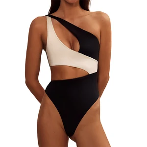 2026 New in Stock Sexy Asymmetric Patchwork One Piece Bikini One Shoulder Cutout Swimsuit Women High Cut Swimwear Monokini