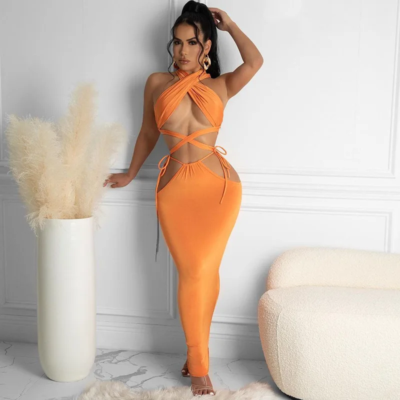 Women Halter Crossover Front  Top and Long Skirts Dress 2021 Women 2 Pieces Long Bandage Skirt Set