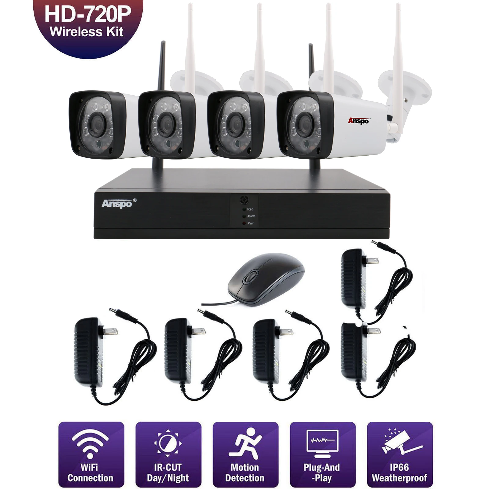 Anspo CCTV Security Cameras System - 8CH Wireless NVR KIT