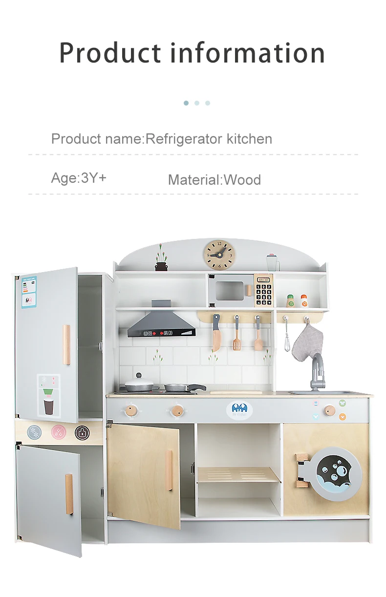 Big Cooking Pretend Play Cooking Set Refrigerator Kids Wooden Kitchen