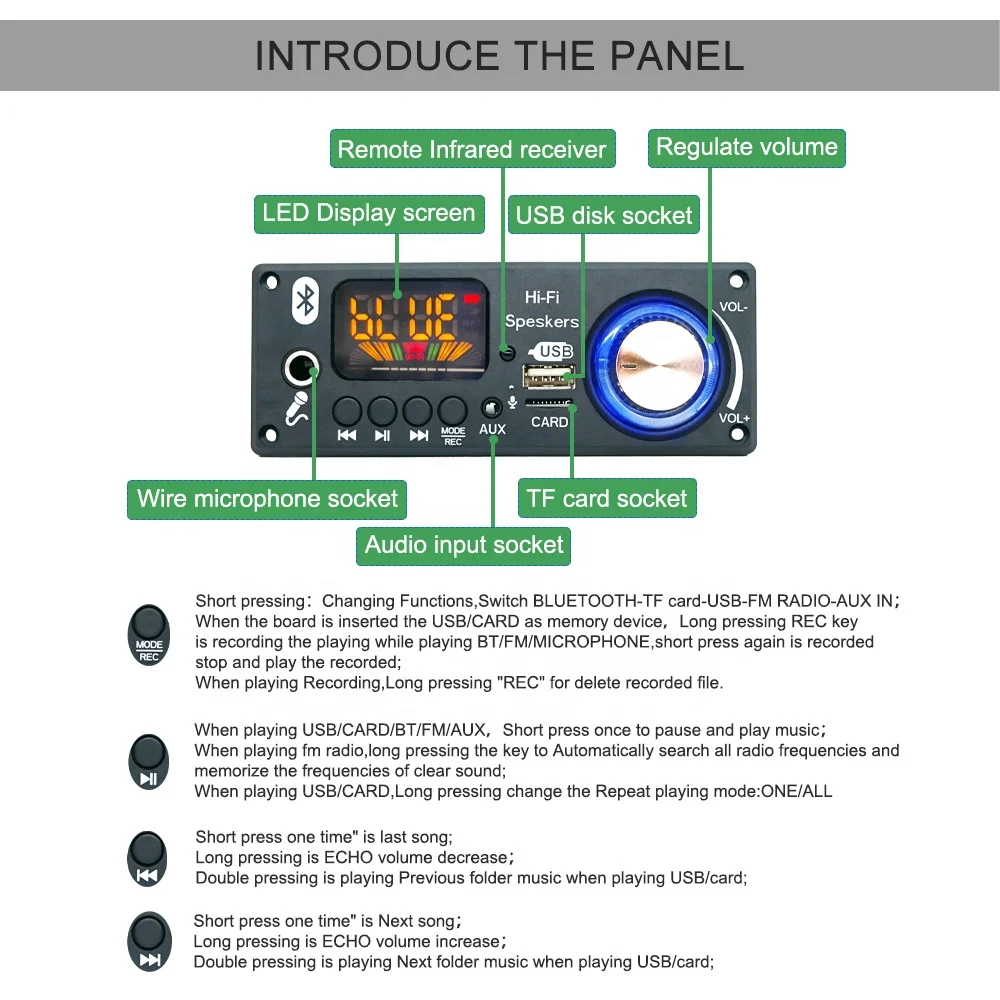 12V Bluetooth Speaker Module MP3 Music Player Audio Decoder Board Calling Recording With Microphone Function