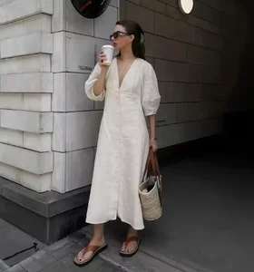 Women's Custom Summer Casual Sundress Solid Style Backless V-Neck Eco-Friendly Linen Natural Digital Print Solid Style