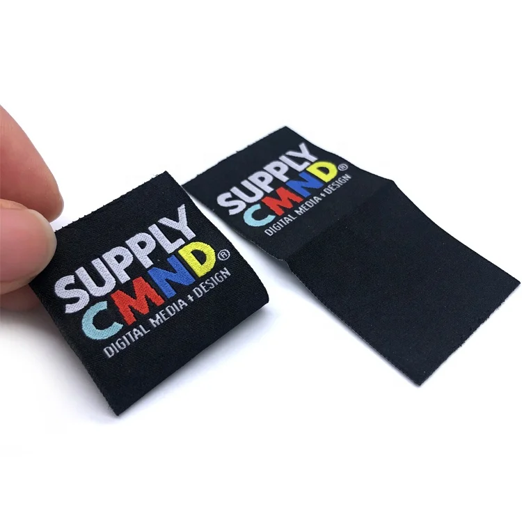 Private Custom Brand Name Logo Flag Woven Hem Label Tags With Center Loop Fold