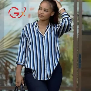 GX3297 Wholesale Deep V-neck Stripped Printed Satin Long Sleeve Blouse Ladies Top Casual Shirts Women