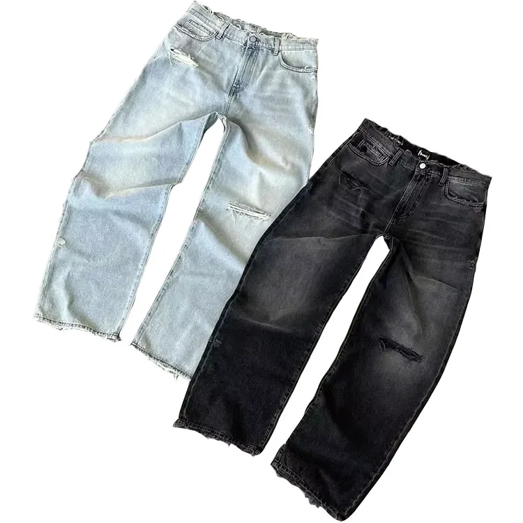 Custom Logo Embroidered  Straight Distressed Jeans Streetwear Ripped Baggy Jeans Y2k Vintage Raw Edge Wide Leg Denim Jeans Men