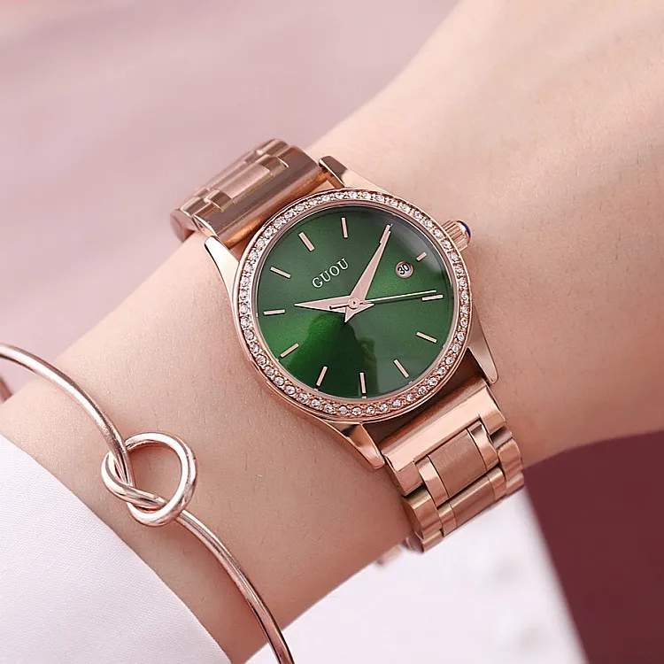 GUOU 6012 Drop Shipping Factory Quartz Watch Luxury Diamond Stainless Steel Band Vintage Auto Date Water Resist Wristwatch