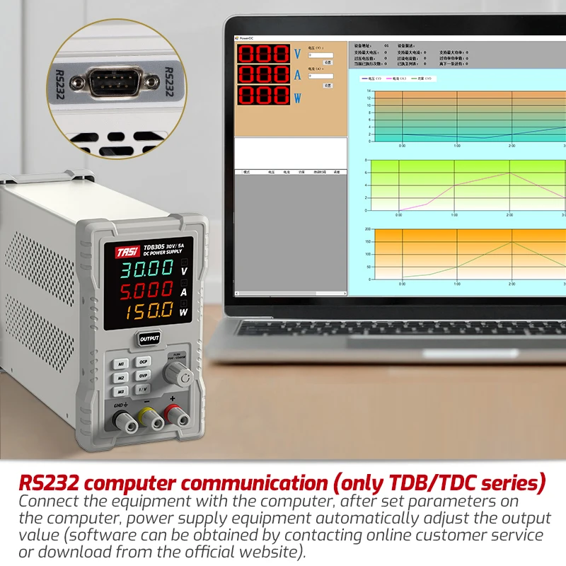 TASI TDB3010 Adjustable 30V 10A Variable DC Switching Power Supply 110V Input with RS232 USB PC Connection for Laboratory Use