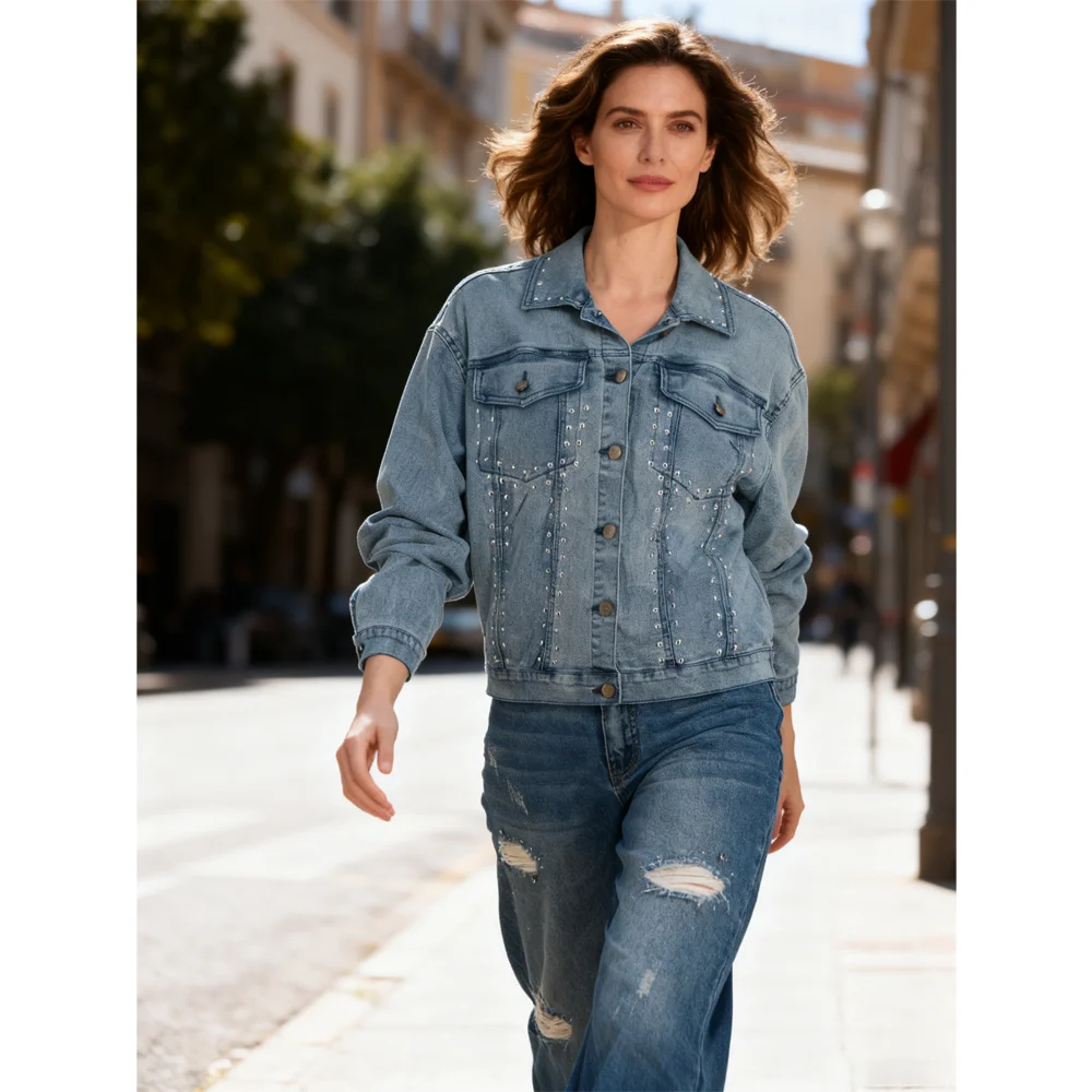 Stylish Collared Denim Shirt Jacket for Women Loose Fit Button Front Jean Coat Casual Daily Fashion Outerwear