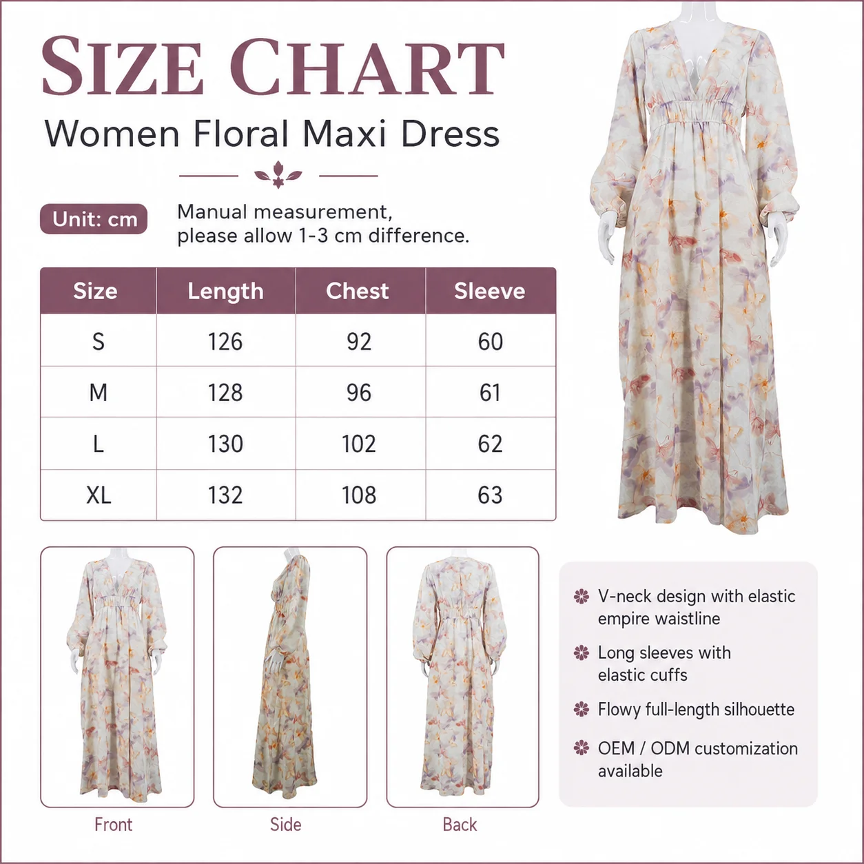 Women's Long Blouson Sleeves Dress with Pleated Waistband V-Neck and Floral Pattern Printed Tied Cuffs Woven Floral Design