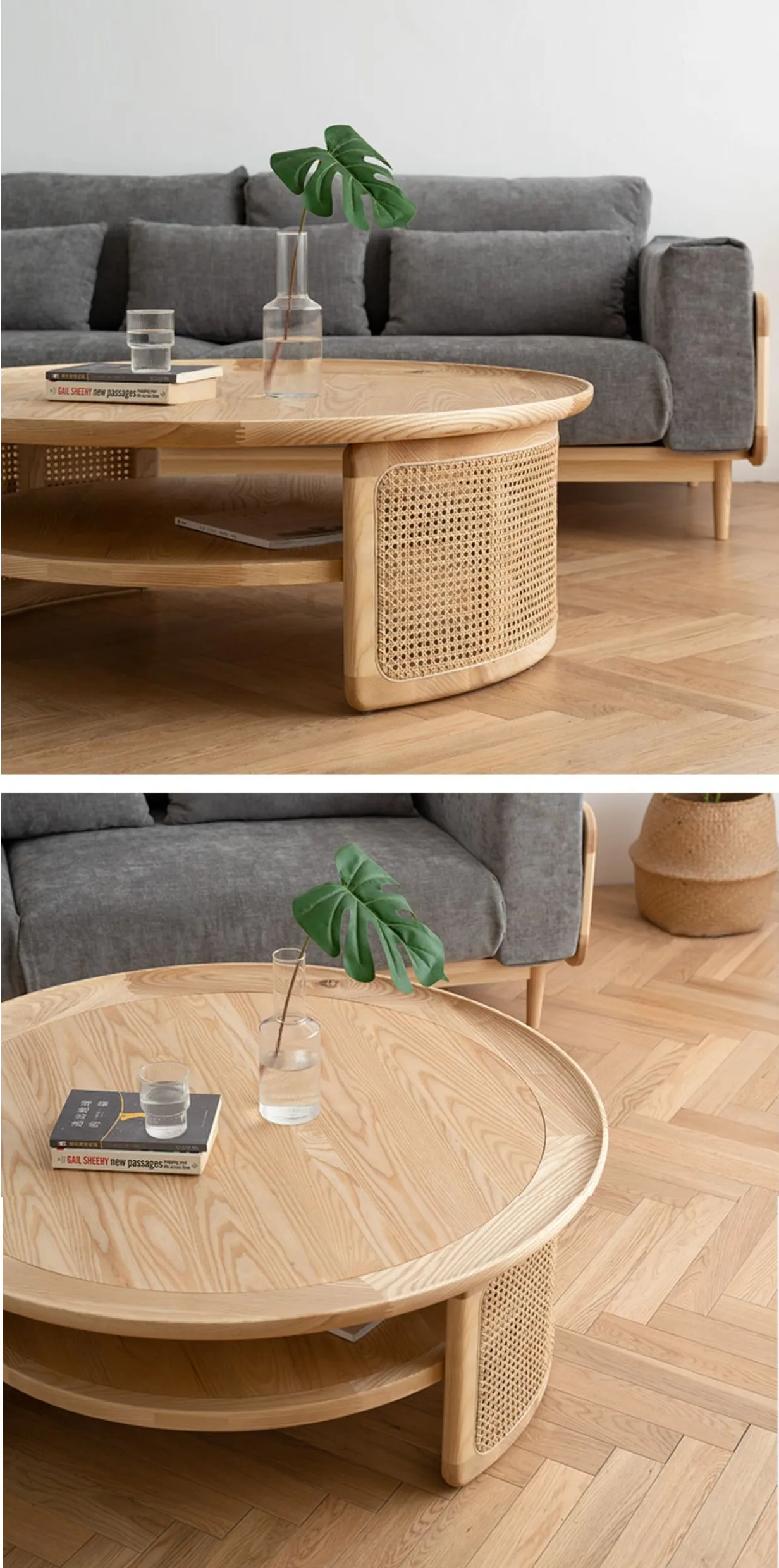 Solid Wood Vintage Round Coffee Table Wood Top Rattan Double Layer